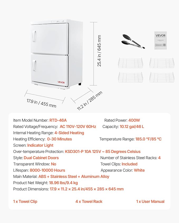 VEVOR Hot Towel Warmer, 46L Large Capacity 2-Tier Towel Warmer Cabinet with Clip & 4 Stainless Steel Racks, Holds up 48 Towels, All-Round Heating Cabinet for Spa, Barber, Manicures, Massage, Salon