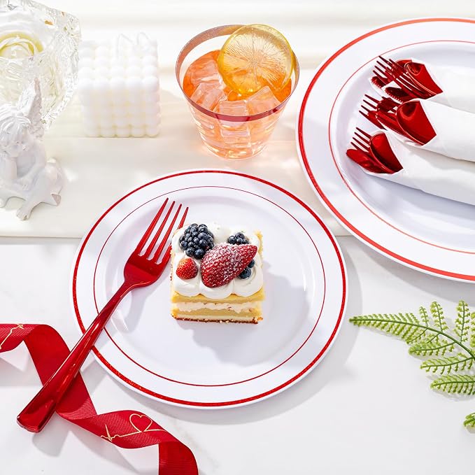 WELLIFE 350-Piece Red Plastic Party Dishware Set - 50 Dinner Plates, 50 Dessert Plates, 50 Cups, 50 Plastic Cutlery