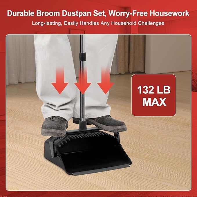 Tiumso 3-Pack Broom with Dustpan Combo Set, Commercial Broom and Dustpan Set, Dust Pan with Long Handle, 51'' Large Brooms with Self-Cleaning Dust Pan Teeth for Restaurant Lobby Garage - Black