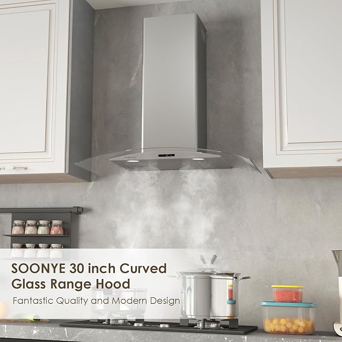 30 Inch Wall Mounted Curved Glass Range Hood with 450 CFM Stainless Steel kitchen Ductless/Ducted Convertible with 3 Speeds Extract Fan & Touch Control