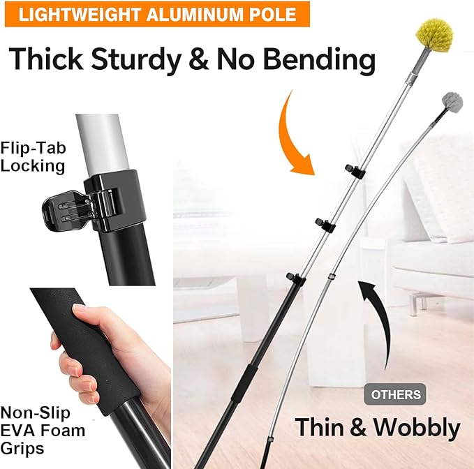 ARTIPOLY 4-12Ft Telescoping Extension Pole Kit, 4-in-1 High Reach Duster with Chenille Microfiber Feather & Cobweb Duster Attachments for Ceiling Wall Hard-to-Reach Indoor & Outdoor Cleaning Yellow