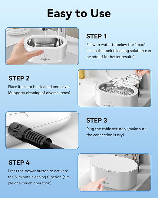 JeaTone Ultrasonic Jewelry Cleaner, 46KHz Professional Ultrasonic Cleaning Machine for Rings, Eyeglasses, Retainers, Dentures & Watches, 20oz Stainless Steel Sonic Cleaner Pod (White)