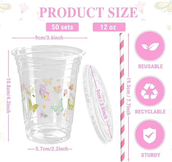 50 Sets Butterfly Plastic Cups with Lids Straws 12 oz Floral Butterfliy Disposable Cups Spring Flower Party Favor Drinking Beverage Cup for Baby Shower Birthday Party Supplies