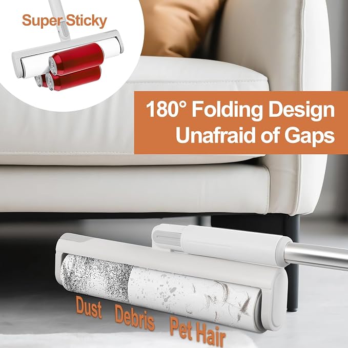 50" Large Lint Roller for Floor, 9.45'' Extendable Lint Roller with 7 Extra Sticky Refills (420 Sheets), One-Click Spring Button for Easy Refill Change, Sticky Rollers for Pet Hair, Floors