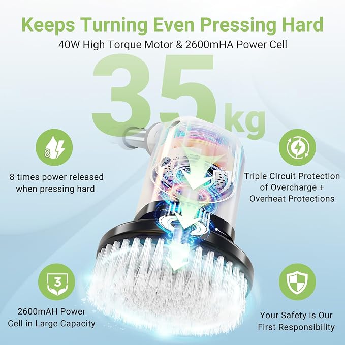 Electric Spin Scrubber, Cordless Bathroom Tub Scrubber with Long Handle & 7 Replaceable Cleaning Heads, Extension as Short Handle, Portable Power Shower Brush Household Tools for Tile Floor