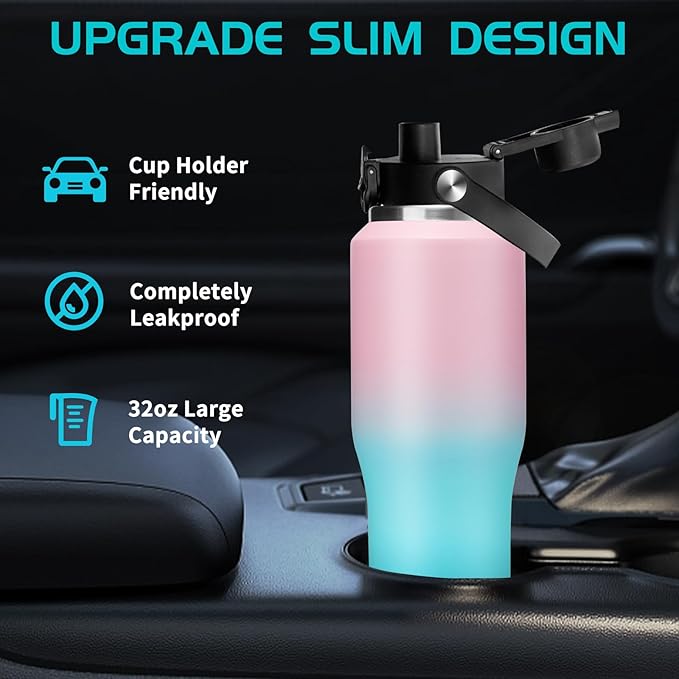 Stainless Steel Water-Bottles Fits in Cup Holder - 40 oz Water Bottle with Straw & Sleeve, Keeps Cold 48h/Hot 24h, Tumbler with Handle for Women & Men