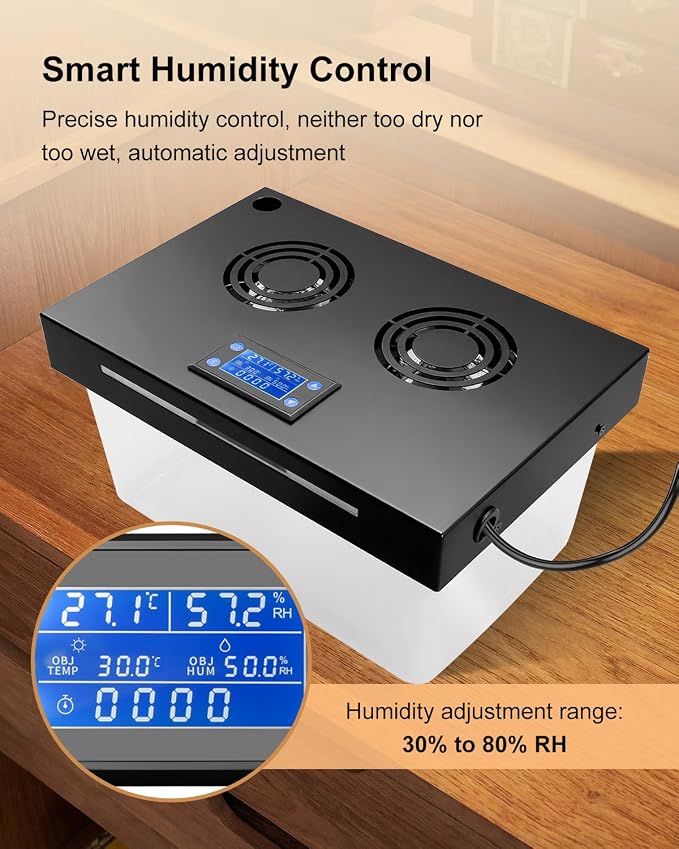 Electric Humidifier for Cabinet with Humidity Temperature Control, 110V Circulating Fan for 10-50 Cubic Ft Storage, 30-80% RH Adjustable