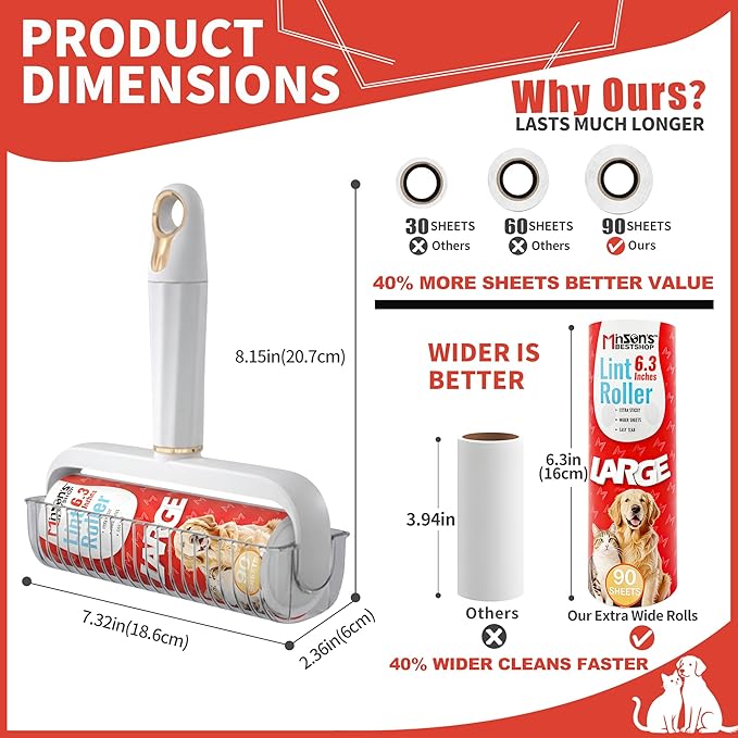 Minson’s BestShop Extra Sticky Lint Roller, 6.3” Extra Wide, 360 Sheets for Pet Hair Removal, The Solo Pack with 1 Ready to Use Handle & 3 Refills, Dog and Cat Lint Remover