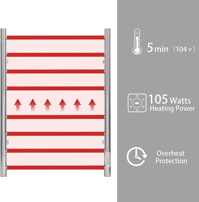 KEG Towel Warmer Wall Mounted with Built-in Timer 8 Bars Electric Stainless Steel Heated Towel Racks for Bathroom, Hot TW-8-PC Towel Warmer 8 bars polish chrome