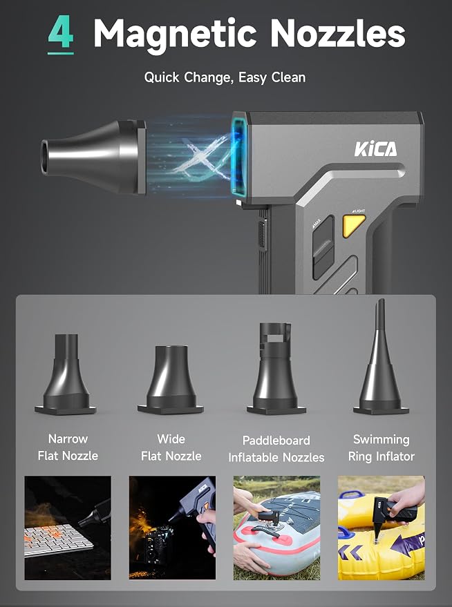 Kica Jet Fan Ultra Compressed Air Duster, 130,000 RPM Electric Air Duster, 48m/s Airflow, Stepless Speed Control & Turbo, 4 Magnetic Nozzles, Dual LED Light, USB-C Rechargeable for PC, Car & Keyboard