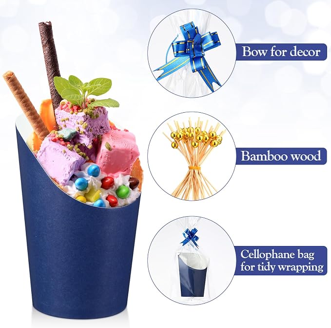Bokon 100 Set 14 oz Charcuterie Cup with Stick and Bag, Disposable French Fries Snack Popcorn Dessert Fruit Holder for Birthday Wedding Graduation Party Supplies(Blue)