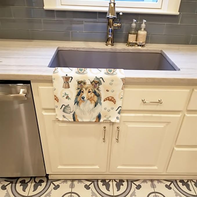 Caroline's Treasures Sable Sheltie Coffee Bar Kitchen Towel Velour Plush Front and Cotton Loop Back Machine Washable
