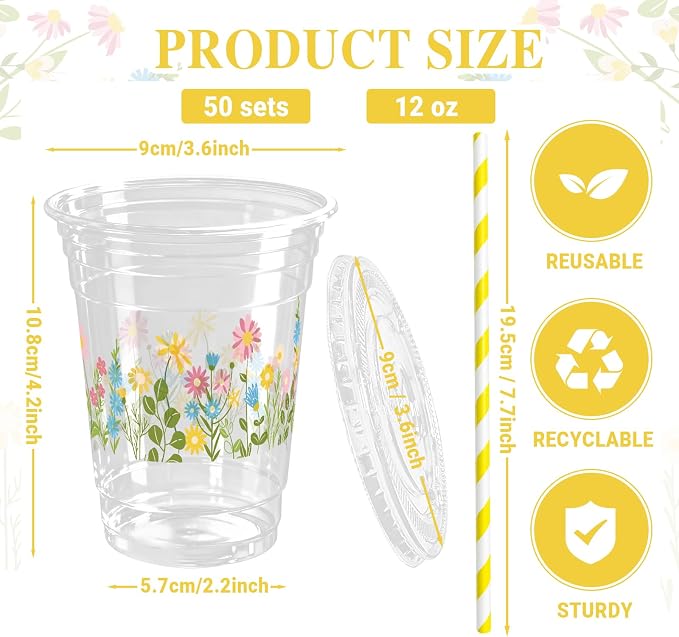 50 Sets Flower Daisy Plastic Cups 12 oz Floral Disposable Cups Spring Daisy Party Favor Drinking Beverage Cup for Baby Shower Birthday Party Supplies