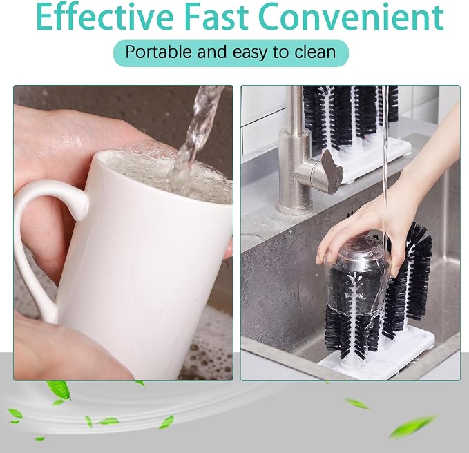 Havawish 2 Pack Water Bottle Cleaning Brush with Suction Base, 3 Head All Black Bristles Bar Glass Washer for Sink, Cup Washer Brush Cleaner for Bar Beer Cup, Wine Glass(7.3 x 3.4 x 7.5)