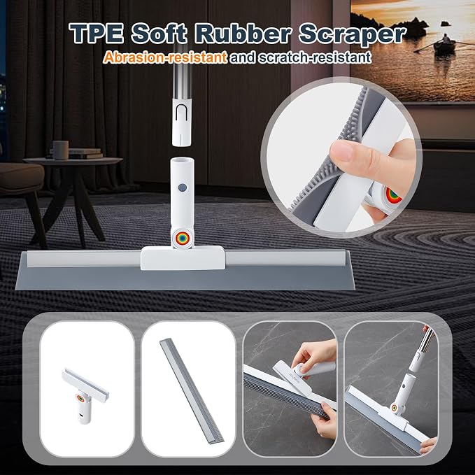 Rubber Squeegee Broom for Floor,Upgrade 62" Long Handle Window Squeegee, 2 Cleaning Cloths, Silicone Pet Hair Remover,Magic Squeegee Broom Removes Water Spots, Stains, Grease, and Glass Surfaces.