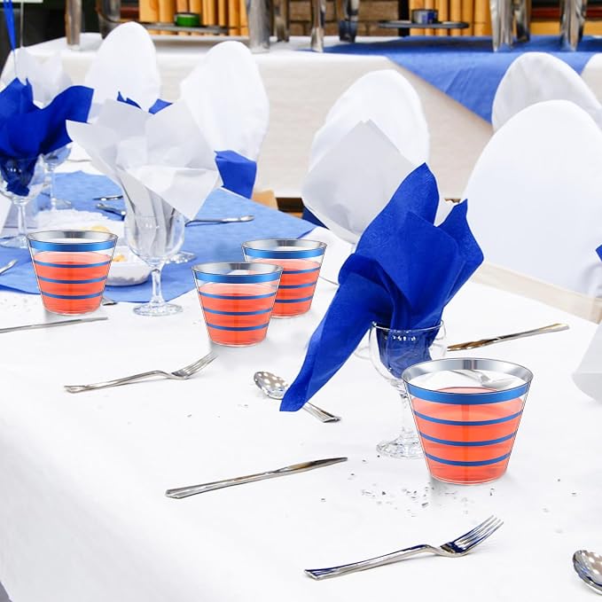 Gejoy 9 oz 100pcs Graduation Rimmed Stripe Plastic Cups Bulk Disposable Wine Hard Plastic Drinking Cocktail Cups Tumblers for Graduation Wedding Gathering Party Supplies(Blue)
