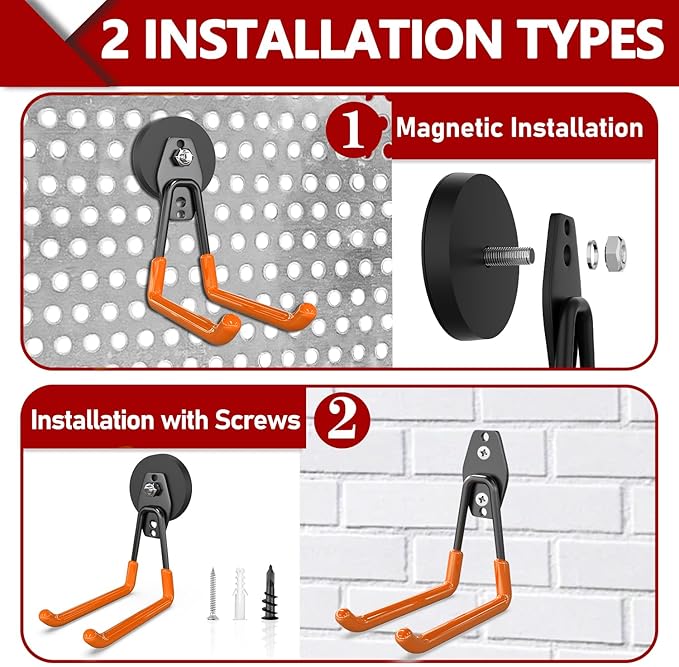 3-H Extra Strong Magnetic Hooks,Heavy Duty Large Anti-Slip Magnet Hooks U Shape,No-Drill Tool Holder for Garage,Power Drill,Garden Tools,Hose Storage,2 Pack Orange