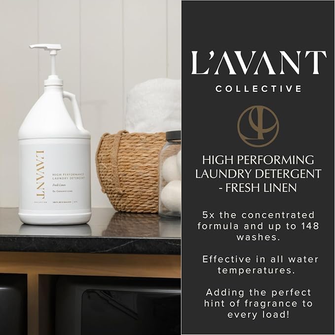 L'AVANT Collective Luxury Laundry Detergent | Bulk 1 Gallon | Fresh Linen | Natural Non-Toxic Liquid Laundry Soap with Enzymes | Plant-Based, 5x Concentrated, HE Compatible | 128 oz