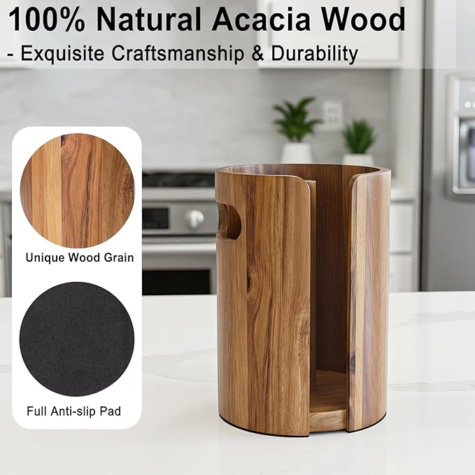 Wood Paper Towel Holder for Kitchen Countertop, Acacia Wooden Kitchen Towel Holder with Splash Guard, Handles & Weighted Non-Slip Base, Home Decor Essentials, for Kitchen, Bathroom,Apartment, RV