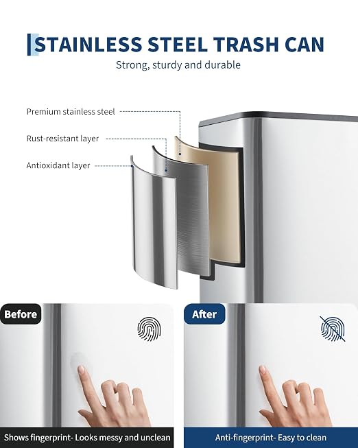 GarveeHome 4 Gallon Small Trash Can, Rectangular Stainless Steel Waste Bin with Quiet Foot Pedal, Soft-Close Lid & Removable Bucket, Space-Saving Design Garbage Can for Bedroom, Living Room, Silver