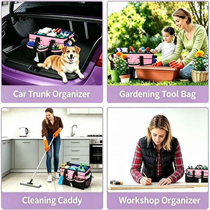Wearable Cleaning Caddy Organizer with Handle & Adjustable Shoulder Strap 4 Foldable Compartments, Cleaning Supplies Caddy for Housekeepers, Car, Home, Hotel & Outdoor Cleaning Bag（Pink）