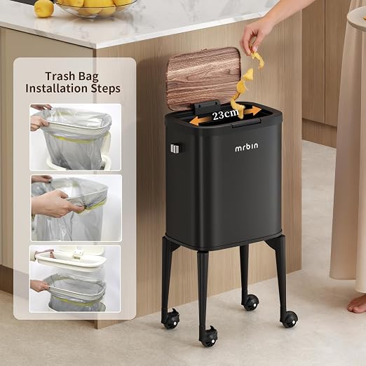 MRBIN Metal Kitchen Trash Can with Wheel Legs, 23L / 6.1gal Medium Press Lid Slim Removable Waste Basket, Pet Proof Tall Narrow Garbage Pail, for Vanity, Bedroom, Bathroom, Living Room, Black & Wood