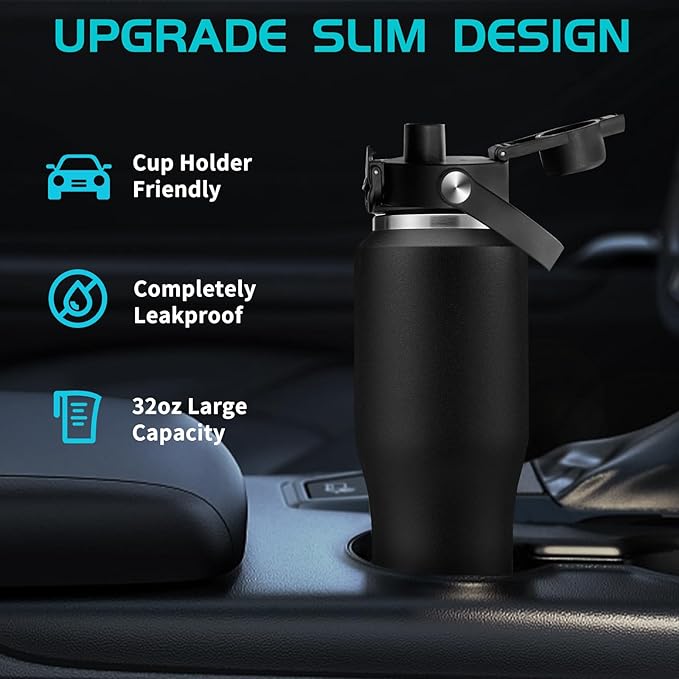 32oz Stainless Steel Water Bottle, Cold-48H & Hot-24H, Water Flask Thermal with Straw & Spout Lids, Pouch, Vacuum Insulated Bottle for Gift Black