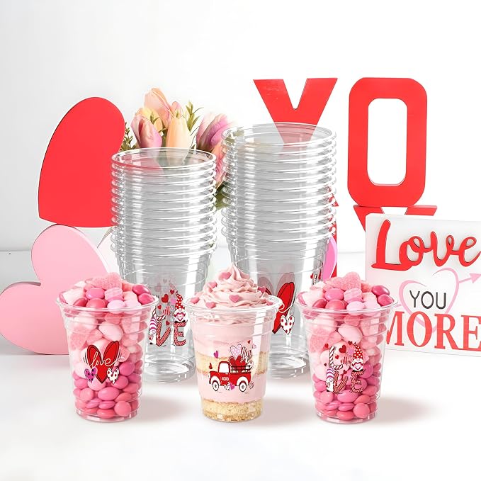 100PCS Valentine's Day Plastic Cups, 16 Oz Disposable Love-Themed Party Cups with Heart, Truck & Gnome Designs, Clear Plastic Cups for Anniversary, Romantic Parties