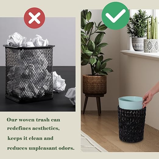 Plastic Wicker Trash Can with Lid - 2.6 Gallon Small Garbage Can with Removable Liner Bucket for Bedroom, Bathroom, Living Room - Boho Hand Woven Waste Basket for Home, Office, Black