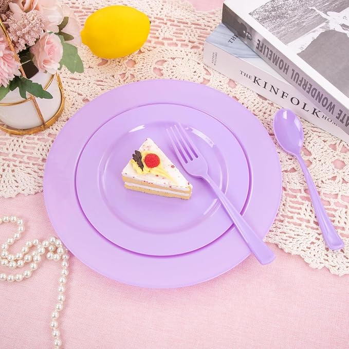 KIRE 150 PCS Purple Plastic Plates - Purple Dinnerware Set Disposable 25 Dinner & 25 Salad Plates 25Forks 25Knives 25Spoons 25Clear Cups for Birthday/Baby Shower/Easter/Spring