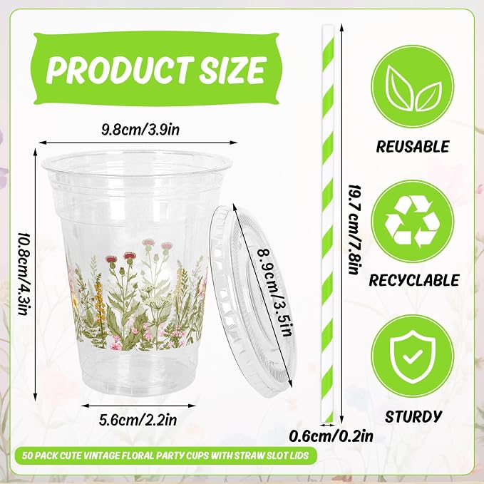 JarThenaAMCS 50Pcs Wildflower Plastic Cups 12 Oz Spring Summer Vintage Floral Cold Beverage Drinking Cups with Lids and Straws Disposable Stackable Party Cup for Baby Shower Birthday