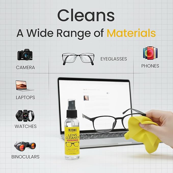 Lens Cleaner Spray & Microfiber Cloth Kit – 1 × 500 ml + 2 × 60 ml Lens Cleaner + 3 × 150×180 mm Ultra-Soft Microfiber Cloths (Yellow, Black, White) – Pack of 6