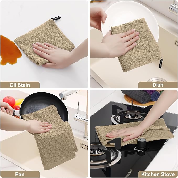 Homaxy 100% Cotton Kitchen Towels and Dishcloths Set, 12 x 12 & 15 x 25 Inches, Set of 12 Bulk Terry Cloth Dish Towels, Super Soft and Absorbent Hand Towel with Hanging Loop, Tan