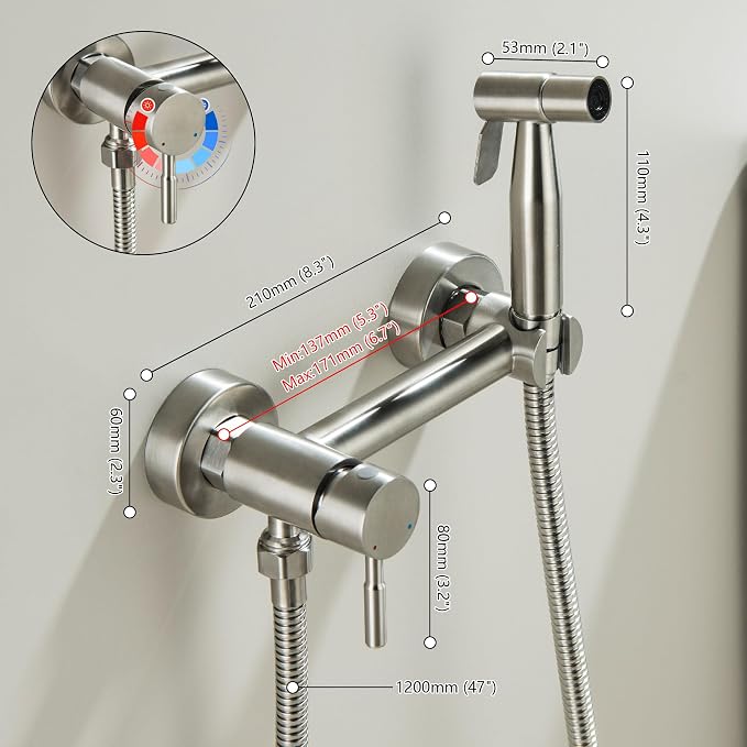 Warm Water Bidet Sprayer for Toilet with Hot and Cold Mixing Valve, Stainless Steel Wall Mount Round Handheld Bidet Attachment Set, Brush Nickel