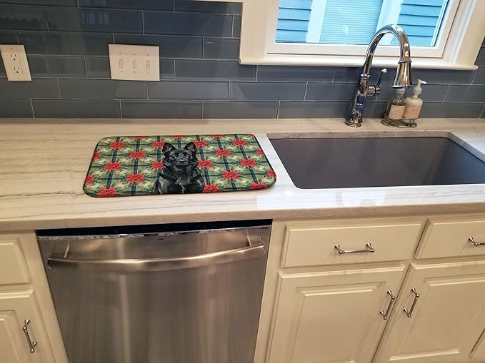 Caroline's Treasures Black German Shepherd Christmas PoinsettIas Dish Drying Mat Absorbent Dish Drying Mat Pad for Kitchen Counter Dish Drainer Mat for Countertop, 14 x 21", Multicolor