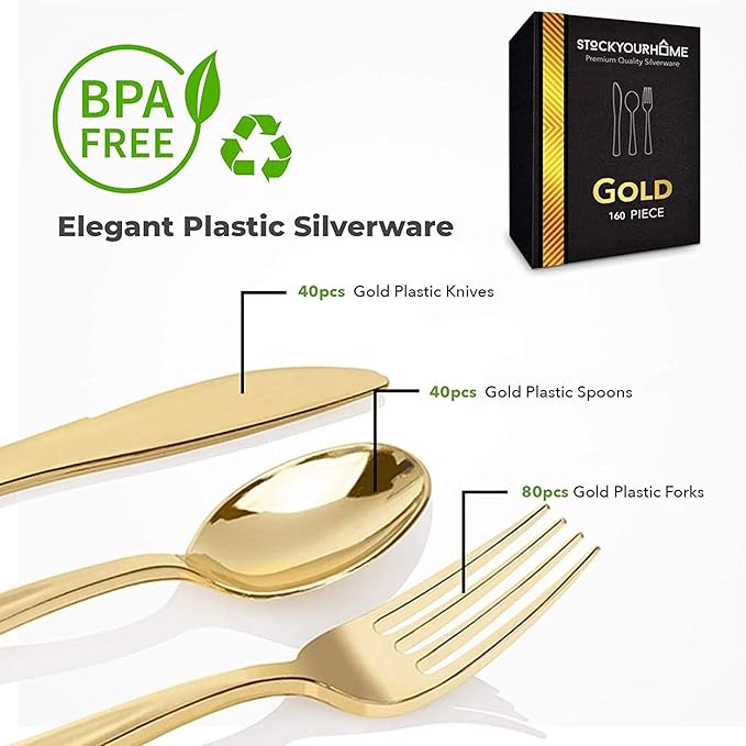 Gold Plastic Silverware Set (160 Bulk Pack) Disposable Cutlery Utensils, 80 Gold Forks, 40 Gold Knives, 40 Gold Spoons, Heavy Duty Flatware For Holidays, Parties, Dinners, Weddings, and Occasions
