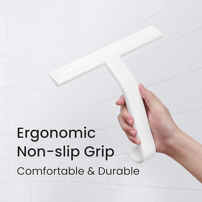 dancemoon JustHang Shower Squeegee for Glass Doors, All-in-One Award-Winning Silicone Squeegee with Built-in Hook for Bathroom, Window, Mirror, Tile Wall, Car, Streak-Free Cleaner Tool, 10-Inch White