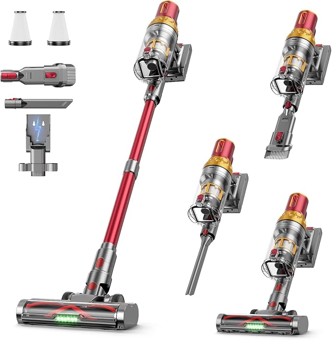 Cordless Vacuum Cleaner, 185AW Powerful Suction Vacuum Cleaner for Home, 65Mins Runtime Self-Standing Stick Vacuum, Anti-Tangled, Lightweight Vacuum Cordless for Home Hardwood Floor Carpet Pet Hair