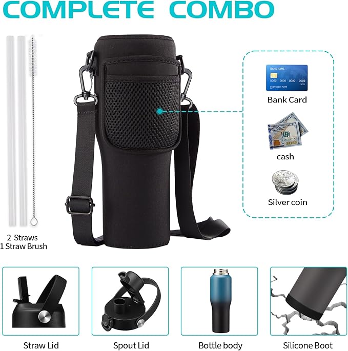 32oz Water Bottles with Straw - Travel Stainless Steel Water Bottle, Carrier Bag with Strap, 32 oz Tumbler Water Cup Fits Car Cup Holders