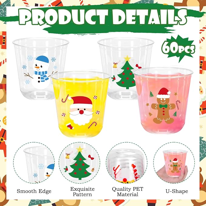 Whaline 60Pcs Christmas Plastic Cups 12 Oz Winter Snowman Gingerbread Man Santa Xmas tree Disposable Clear Stemless Wine Cocktail Glasses PET Drinkware Cups Set for Holiday Party Supplies