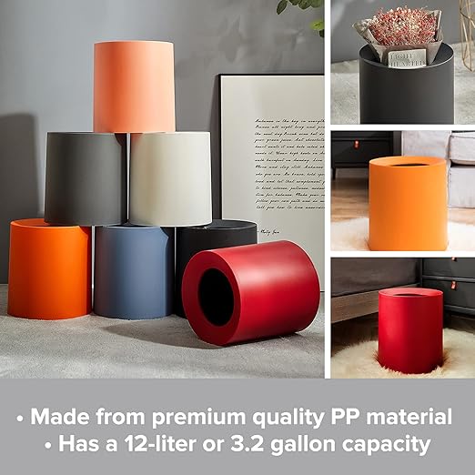 Modern Round Waste Basket - 2.1Gal/7.9L Open Top Trash Bin - Gray Garbage Can with Removable Plastic Bin Liner - Touchless Bathroom Garbage Can or Trash Can for Kitchen - Minimalist Office Trash Can