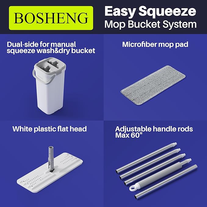 BOSHENG Mop and Bucket Set, Flat Mops for Floor Cleaning, Wall Mop with 60" Extensible Handle, Hardwood Floor Mop with 2 Microfiber Pads