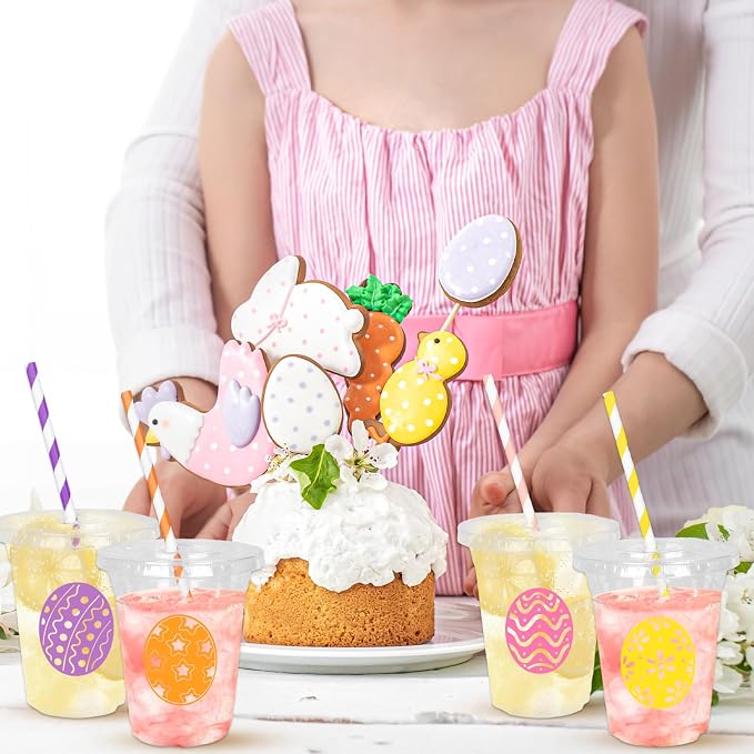 Whaline 60Pcs Easter Disposable Plastic Cups with Lids and Straws 12Oz Colorful Egg Pattern Cold Beverage Drinking Cup for Spring Holiday Birthday Party