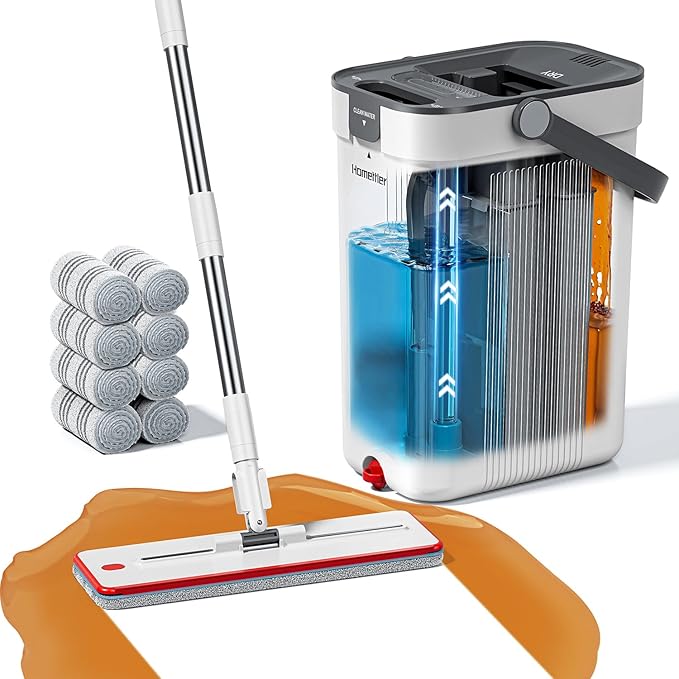 HoMettler Mop and Bucket Set, 3-Tank Flat Mop and Bucket System for Separate Dirty & Clean Water, 65" Mops for Floor Cleaning with 8 Washable Pads, Safe for Hardwood, Vinyl, Tile, Baseboards, Walls
