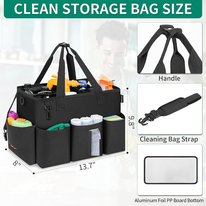 IBVIVIC Wearable Cleaning Caddy Bag for Cleaning Supplies, Large Capacity Cleaning Organizer Tote Bag Kitchen Cleaning Supplies Storage Bag for Cleaners Housekeepers (Black)