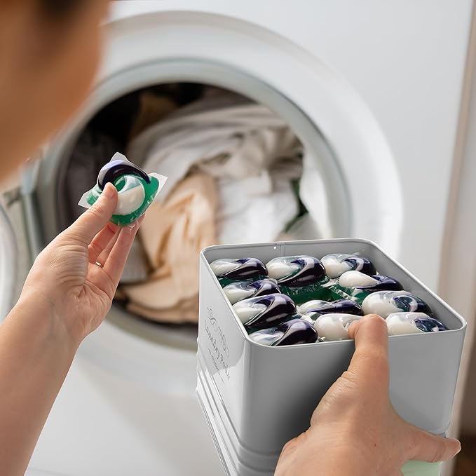 ELITAPRO Laundry Pods Holder - Modern Farmhouse Laundry Pods Container - Metal Detergent Pods Container with Lid for Laundry Room Decor and Accessories - Laundry Room Organization & Storage (Khaki)