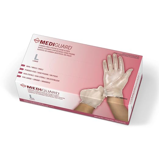 Medline MediGuard Vinyl Exam Gloves, 150 Count, Large, Powder Free, Disposable, Not Made with Natural Rubber Latex, All-purpose Medical Tasks