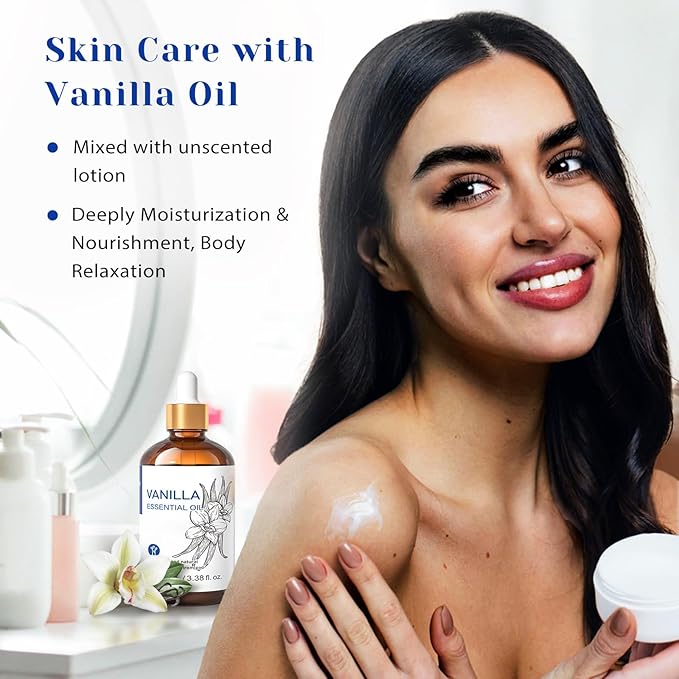 HIQILI Vanilla Essential Oil, Undiluted Natural Strong Fragrance Add in Skin Perfume, Unscented Lotion, Candle Soap Making Scent, Relax at Home with Diffuse Warm Sweet Aroma -100ML