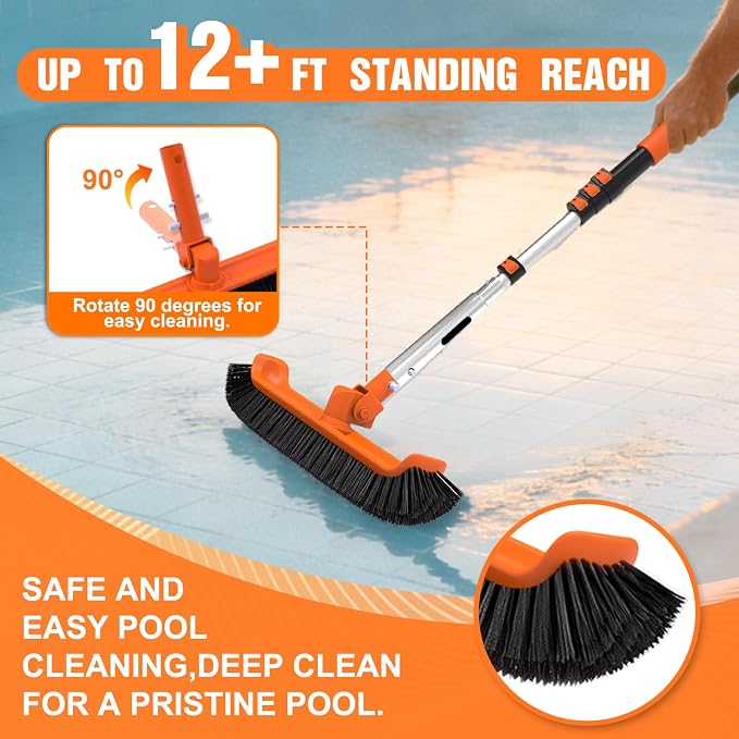 LAANPOLE 4-in-1 Pool Brush with Pole, Heavy Duty 18" Pool Brush Head, 5" Stainless Steel Brush and Hand-Held Pool Scrub Brush for Inground & Above Ground Pools, Pool Scrubber Brush with 12FT Pole