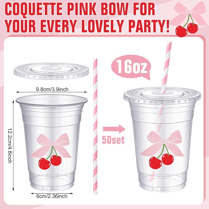Sliner 50 Pcs 16 oz Coquette Disposable Plastic Cups with Straw for Pink Bow Cherry Party Supplies Bow Cups Birthday Wedding Bridal Engagement Party Drinkware Baby Shower Decoration